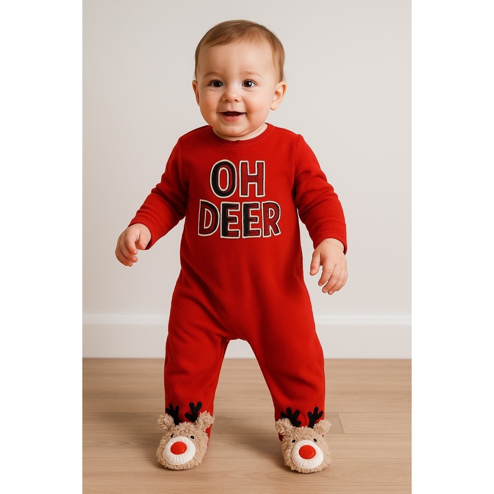 Holiday Time "OH DEER" Christmas Footed Sleeper‎ 18M Red Reindeer Feet